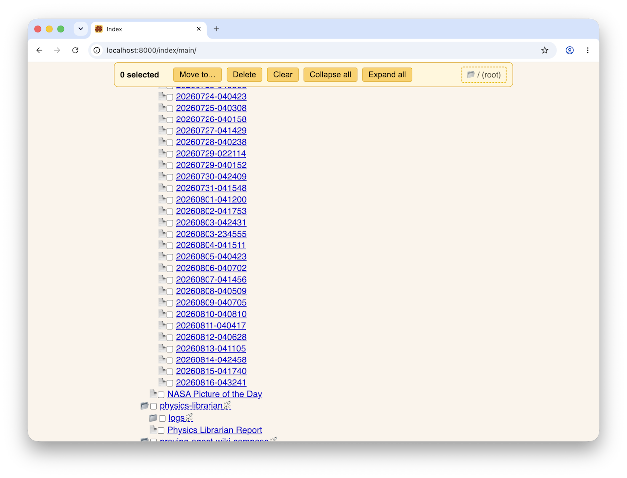 Agent log activity listing.