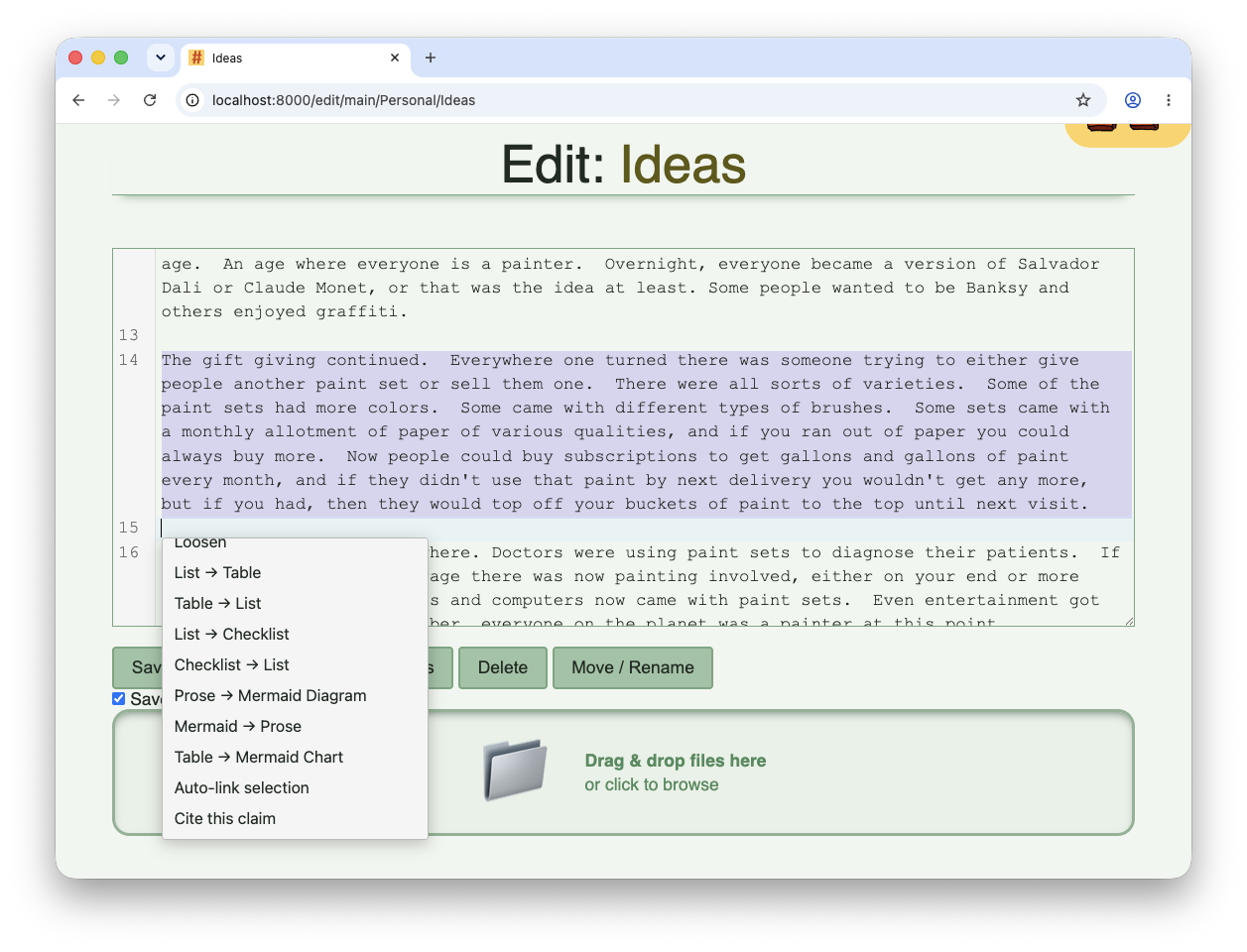 Editing a document with popup menu.