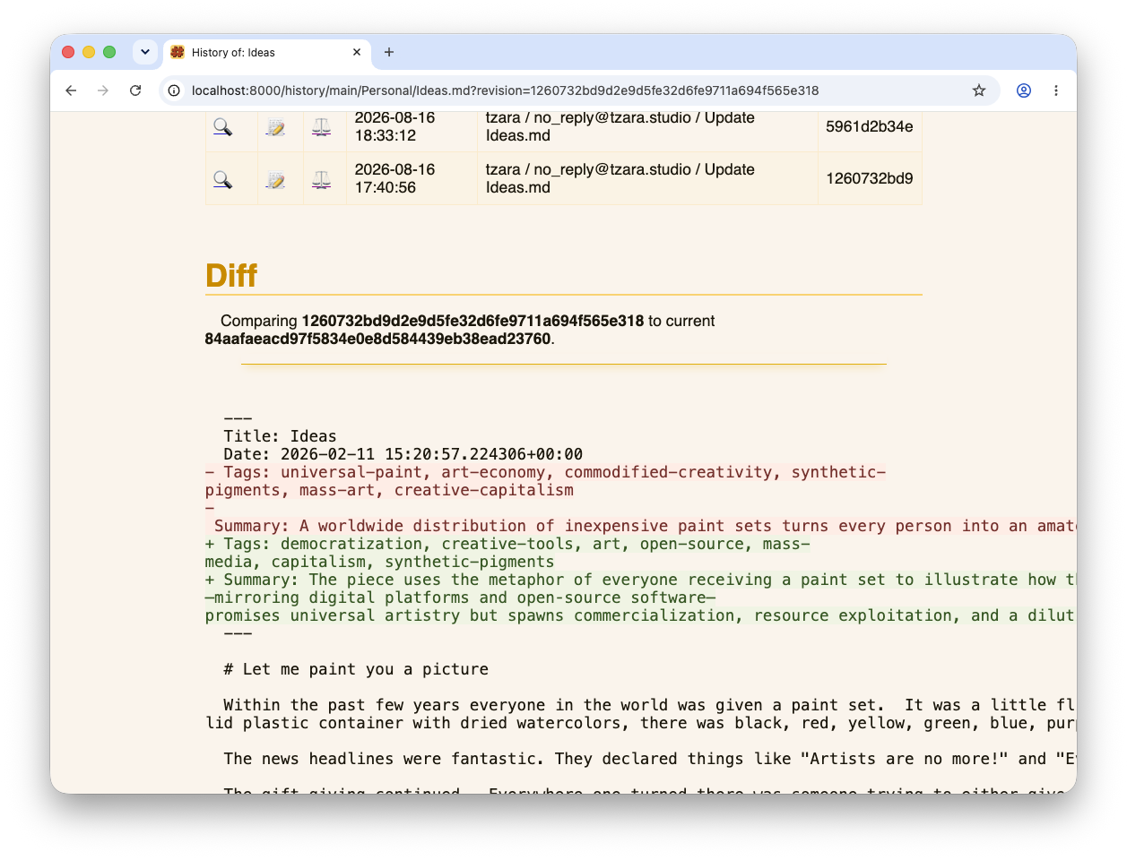Git style diffs on a page.