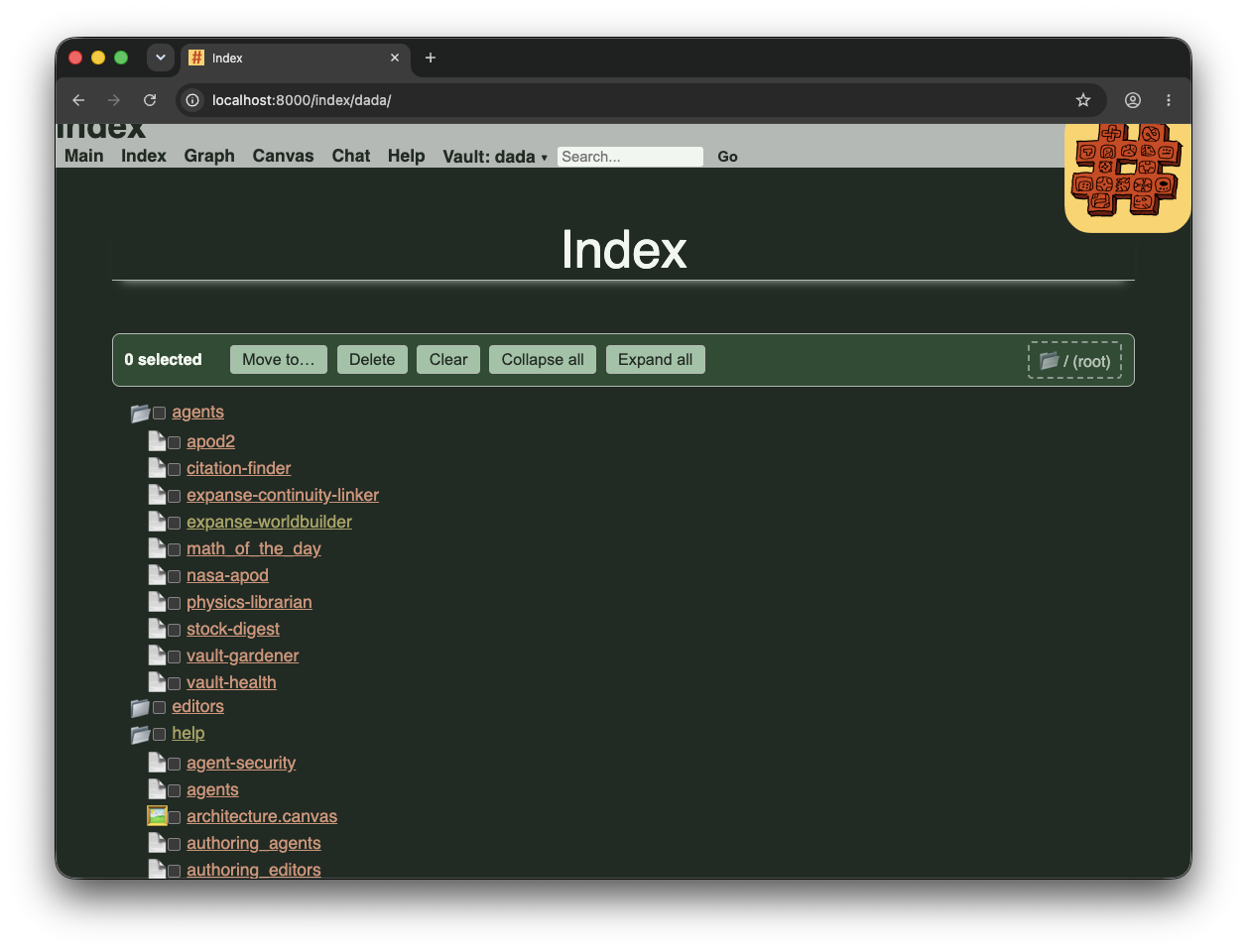 Index view of files in the vault.