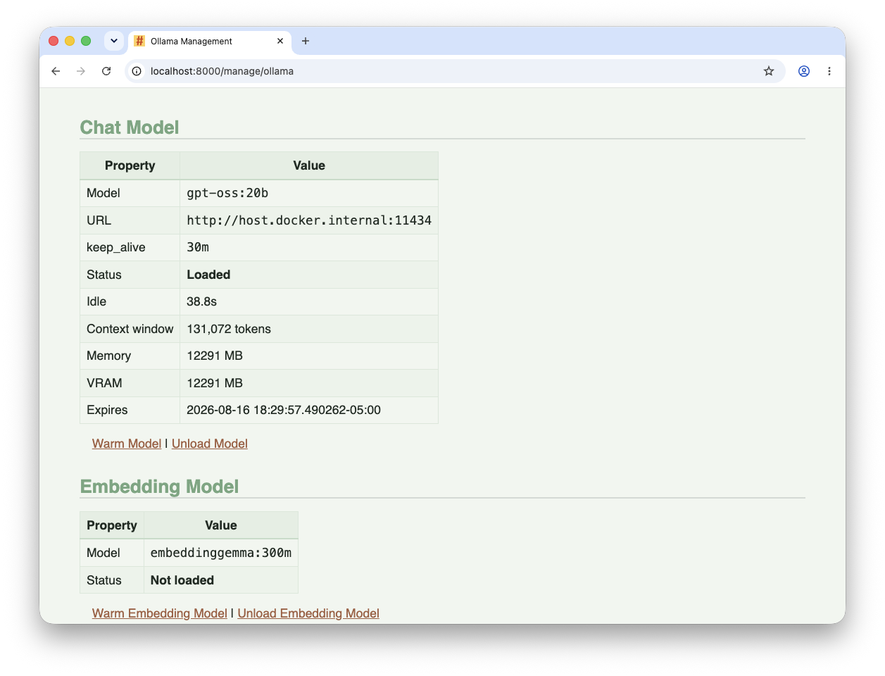 Model mangment page with model details.