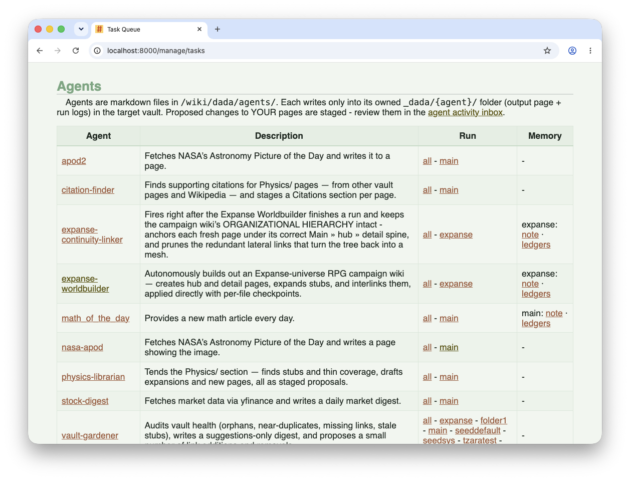 Agent listing page for manual runs.